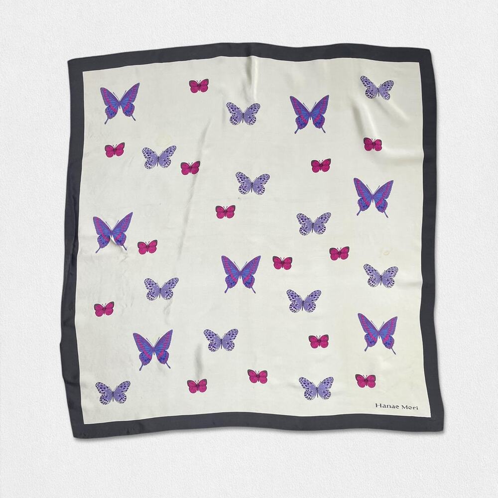 70s Vintage Hanae Mori Silk Butterfly Scarf Signed 29.5" x 30" Pink Purple 80s